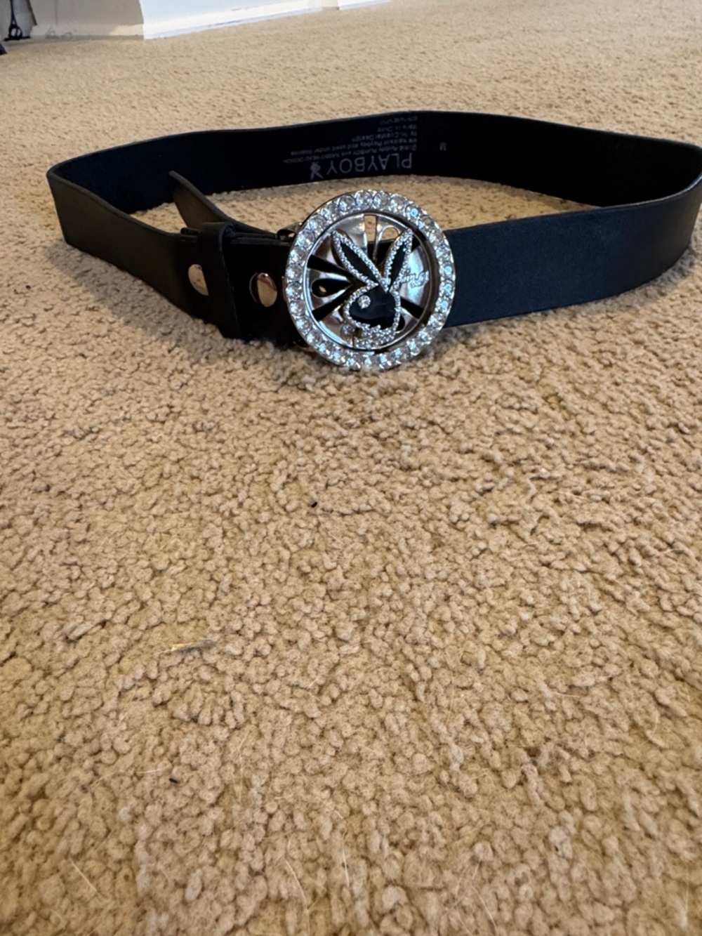 PLAYBOY Black Belt with Crystal-Studded Bunny Buckle. Spinner